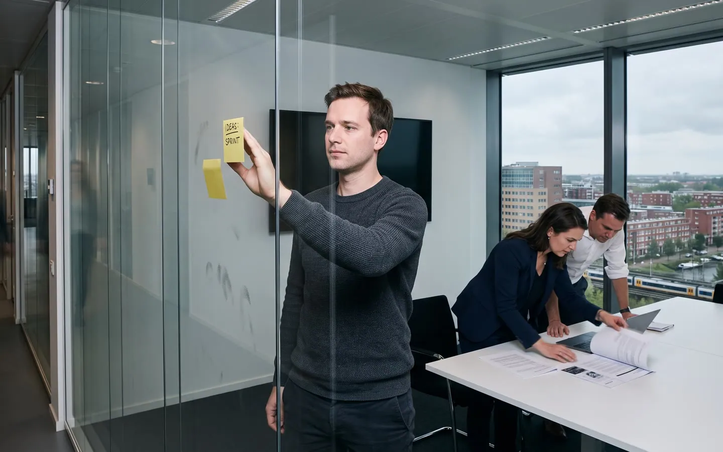 Een glazen wand op een hoge verdieping van een bank met één post-it erop. Erachter een lege boardroom en de skyline.